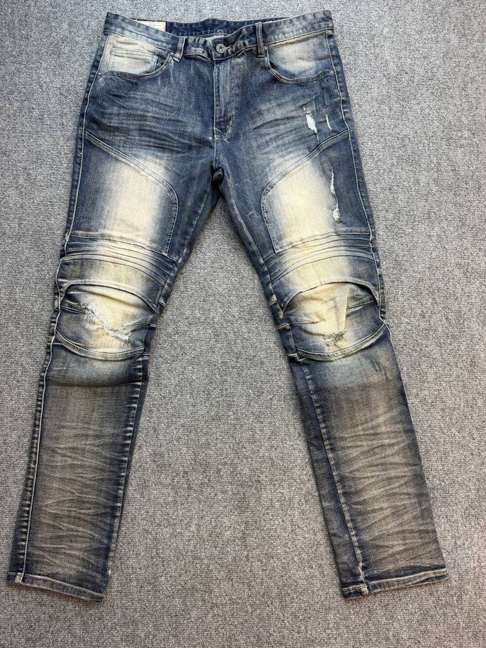 Y2K Smoke Rise Men’s Moto Biker Jeans 38x34 Distressed Blue Denim